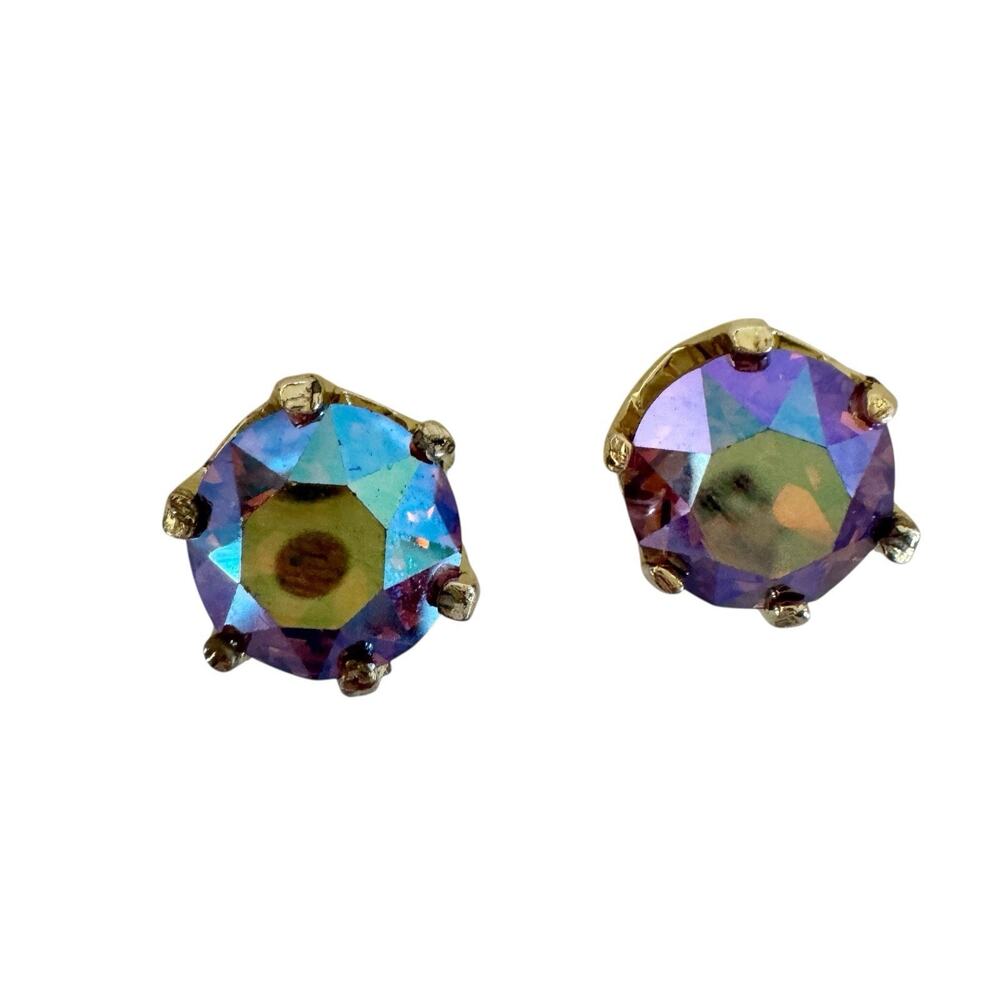 Vintage Crystal Clip On Earrings Pink Aurora Borealis Rhinestone Large‎